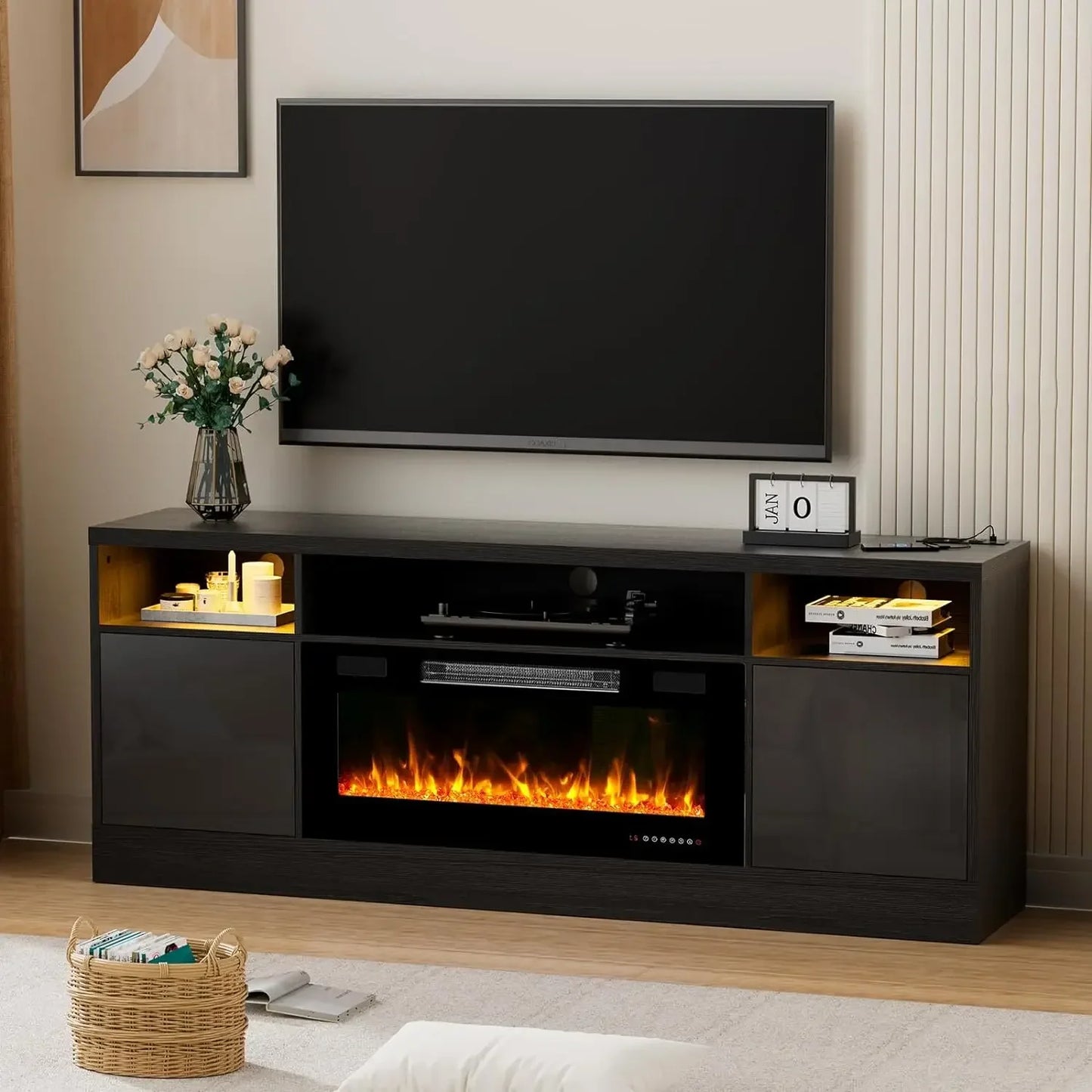 70''TV Stand with 36''Fireplace-LED Light Entertainment Center for 75+inch TV-White