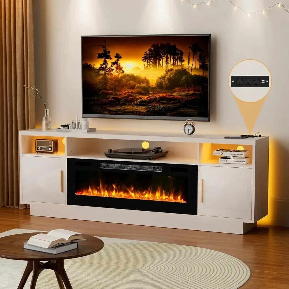 70''TV Stand with 36''Fireplace-LED Light Entertainment Center for 75+inch TV-White